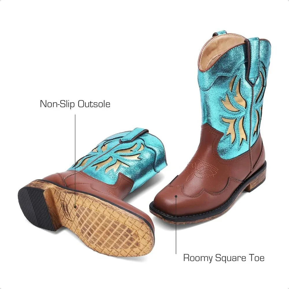 ⚡Girls Blue Square Toe Mid Calf Cowgirl Boots Western Fashion Riding Shoes